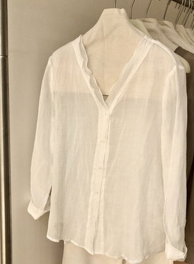法式轻奢100苎麻V领衬衫衣女夏日系宽松薄款防晒衫高级感酱紫白色