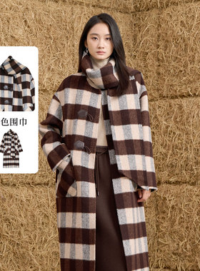 SWEETBASIL紫淑2025冬装商场同款复古风格纹女长款翻领毛呢大衣