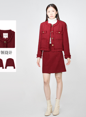 sweetbasil紫淑2025冬女士小香风短款外套圆领纽扣粗花呢时尚外套