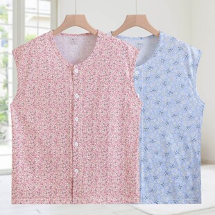 妈妈睡衣家居服女 全棉无袖 老太太纯棉背心中老年系扣开衫 老人汗衫