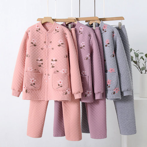 中老年人女士纯棉加厚秋衣秋裤三层夹棉大码开衫老人保暖内衣套装