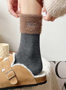 冬季水貂绒拼接袜子女个性ugc刺绣中筒袜保暖加厚搭配勃肯堆堆袜