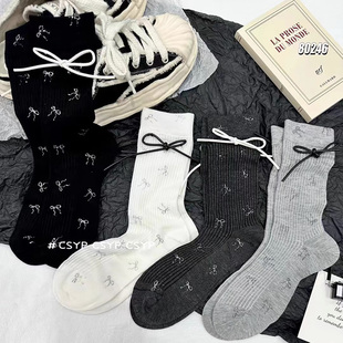 韩国蝴蝶结饰品袜子女夏季 超薄竹纤维中筒袜日系JK甜酷长筒堆堆袜