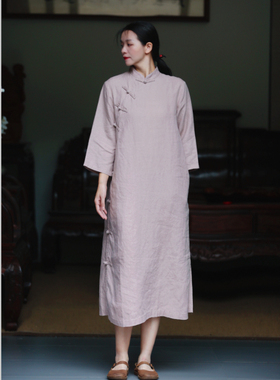 汉麻透气凉快文艺中国风复古盘扣斜襟立领连衣裙36415