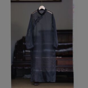 如素慢衣禅意风真丝欧根纱立领盘扣长款 连衣裙60167 罩衫