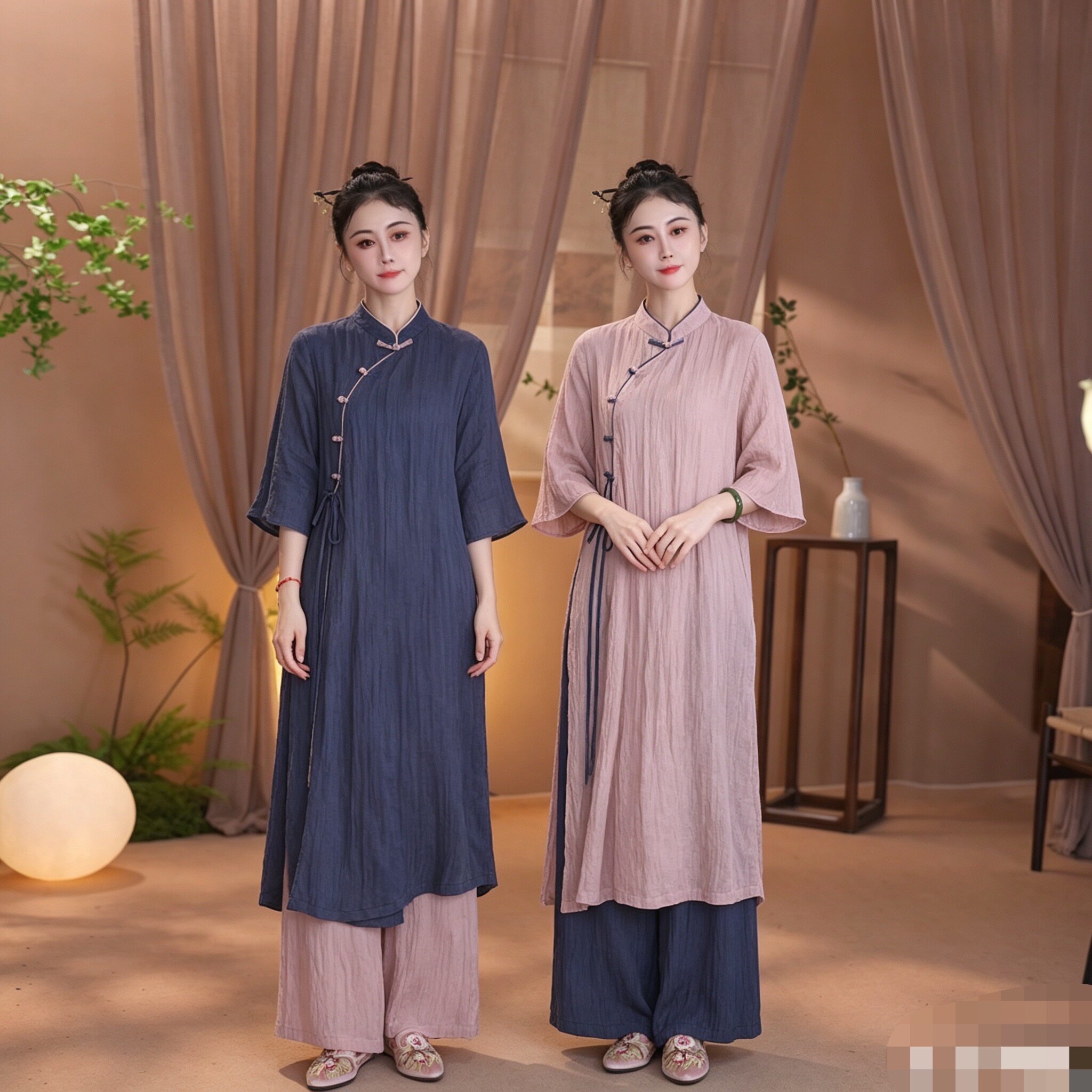 如素慢衣夏季铜氨丝皱感立领系带显瘦禅意连衣裙60252