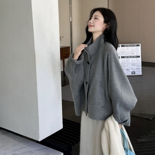 2025新款双面羊绒大衣女短款小个子韩系立领斗篷显瘦羊毛呢外套潮