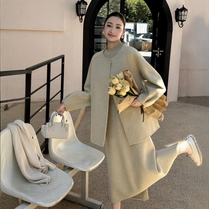 小香风2025秋冬新款女双面羊绒套装时尚气质高腰半身裙两件套裙子