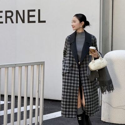 双面羊绒大衣中长款复古格子