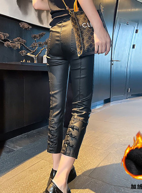 烟管八分哑光加绒皮裤女外穿冬春2026新款九分直筒裤高腰复古裤子