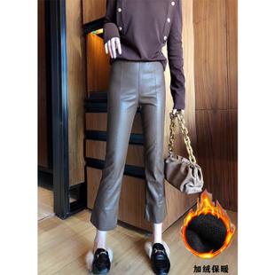 2025秋冬韩版加绒pu皮裤女微喇叭九分裤时尚百搭洋气女款休闲裤潮