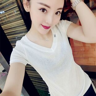 2026夏季新款时尚百搭V领短袖T恤弹力冰丝衫修身显瘦女薄款净版潮