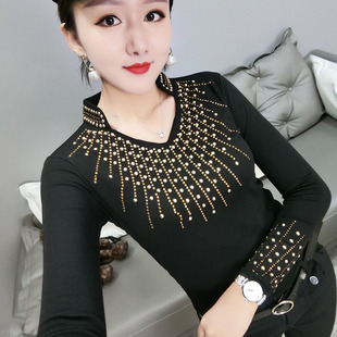 洋气烫钻t恤气质小衫 2026新款 春秋修身 女长袖 镂空显瘦 高领打底衫