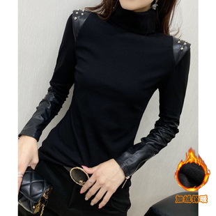 拼皮修身t恤女加绒冬季2026新款半高领打底衫时尚洋气内搭上衣潮