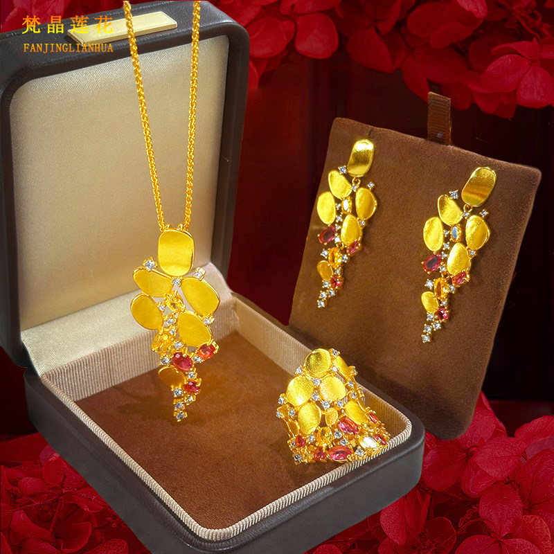 沙金时尚夸张红宝石不规则石榴红苍兰新娘套装项链耳环仿真假黄金