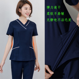 新款洗手衣弹力工作服女护士服短袖牙科薄手术服不沾毛发宠物医生