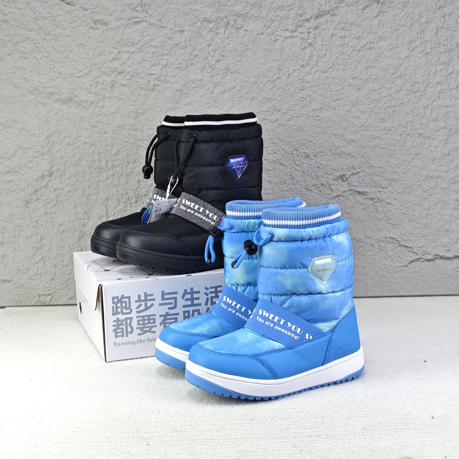 日单新款女童冬季松紧带户外雪地靴防水防滑轻质长筒耐寒保暖棉鞋