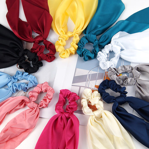 长飘带发圈三角巾纯色大肠发圈大飘蝴蝶结绸缎面料发饰头花打结圈