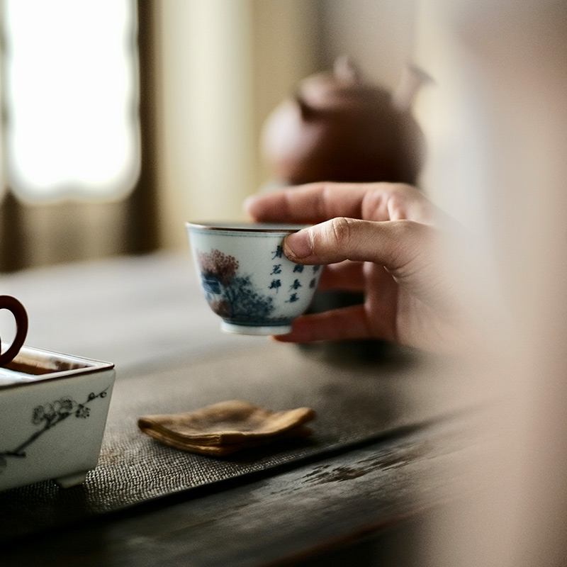 仿古青花主人杯包银口釉里红