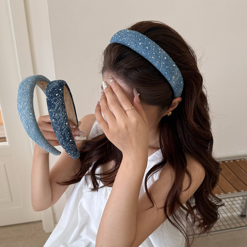 韩系复古港风牛仔色系发箍珍珠蓝色头箍高颅顶发饰显脸小发卡发带