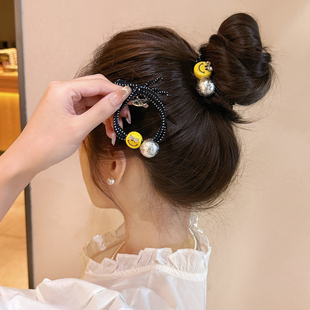 韩国东大门进口少女黄色笑脸珍珠双层皮筋马尾发圈丸子头发绳头饰