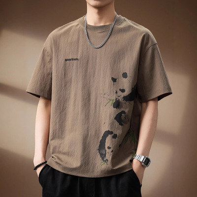 高端设计感亚麻熊猫印花短袖T恤