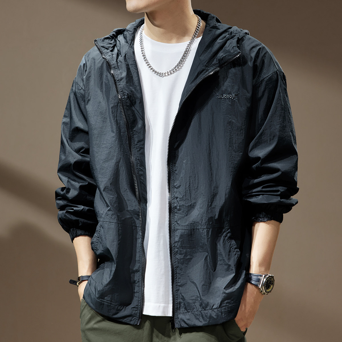 春秋新款山系防晒衣男户外宽松连帽工装夹克外套防紫外线冲锋衣男