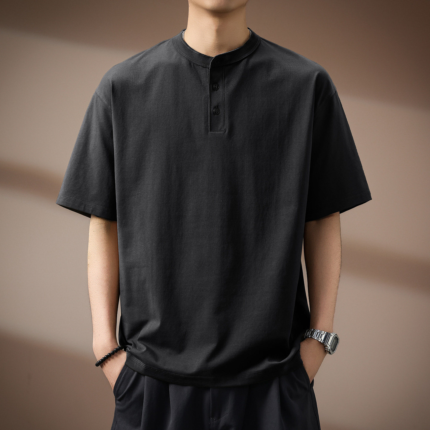 日系复古亨利领短袖T恤男士夏季新款高端纯色休闲宽松纯棉Polo衫