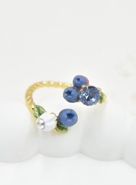 法国手工珐琅 四季浆果 绿叶 蓝莓戒指 开口可调节