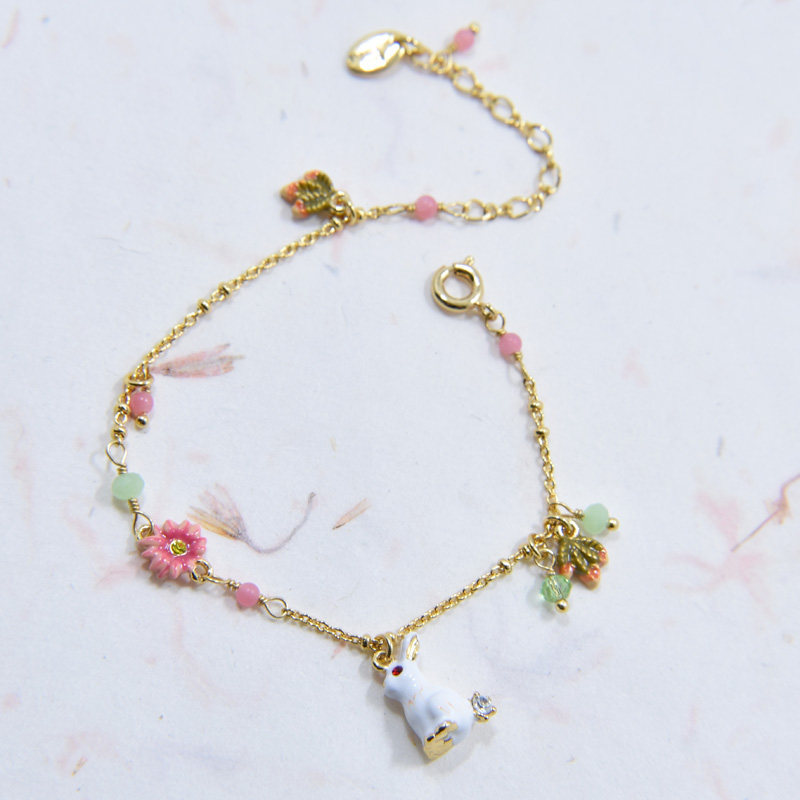 手工珐琅梦幻花园 可爱小兔子花朵 白兔手链