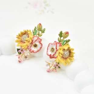 法国手工珐琅 繁花系列  虞美人丁香花向日葵耳环 耳夹 项链 戒指
