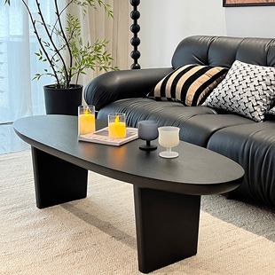 北欧实木茶几侘寂风黑色椭圆茶台简约中古民宿长型复古客厅小茶桌