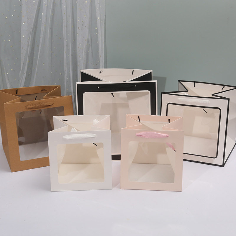 七夕情人节正方形橱窗手提袋牛皮纸袋鲜花玩偶花束礼品袋开窗设计