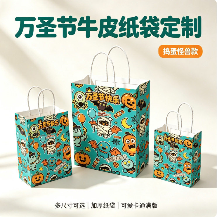 牛皮纸袋定制印logo万圣节多尺寸打包手提袋伴手礼品袋现货