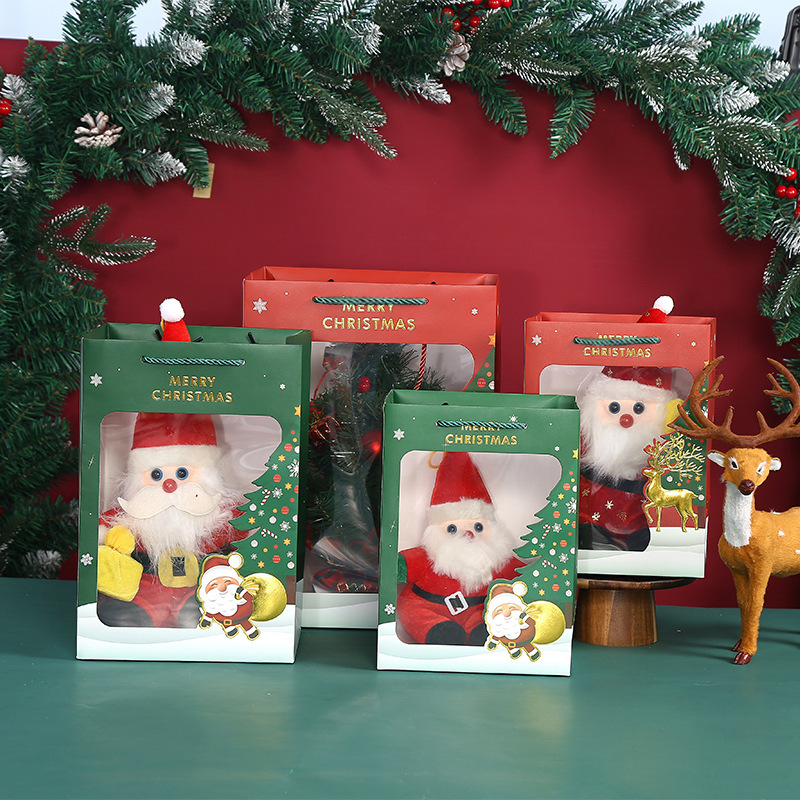 新款圣诞节礼物袋开窗透明纸袋平安夜手提袋苹果包装袋橱窗礼品袋