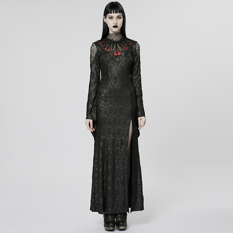 哥特暗黑喇叭袖鱼尾开叉连衣长裙