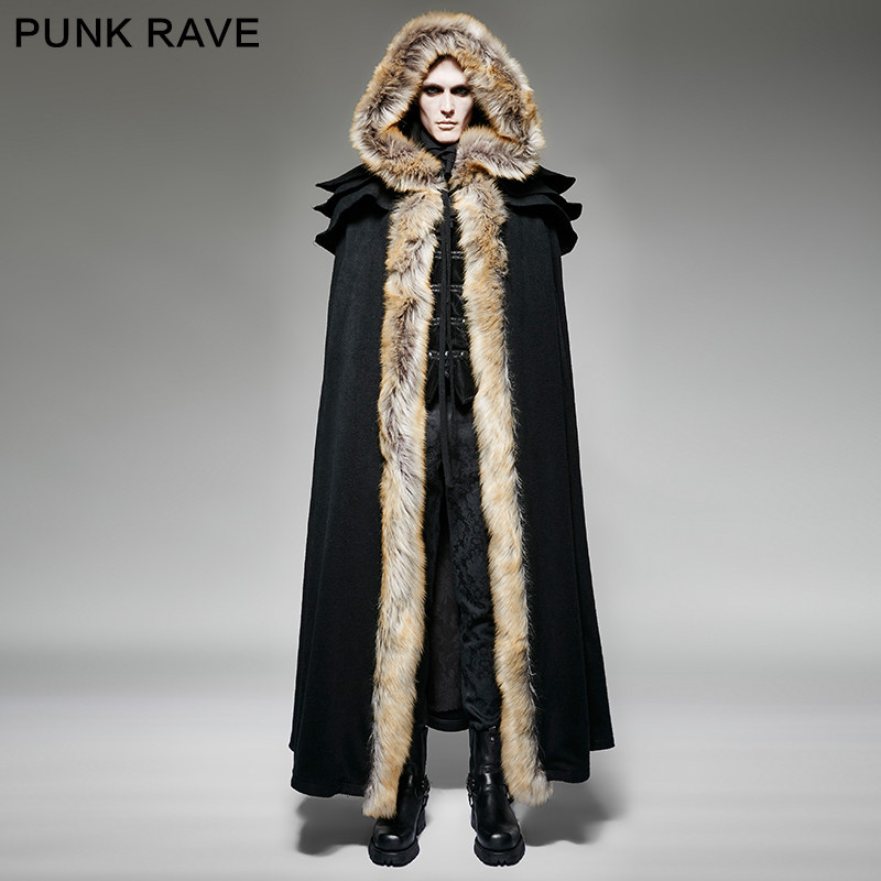 PUNKRAVE哥特仿狐狸毛风衣大斗蓬