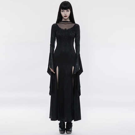╋魔叹╋ PUNK RAVE哥特GOTHIC朋克暗黑喇叭袖高叉连衣长裙 WQ349