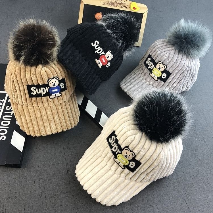 秋冬儿童帽子男 潮小熊鸭舌帽女童灯芯绒帽宝宝帽子百搭棒球帽韩