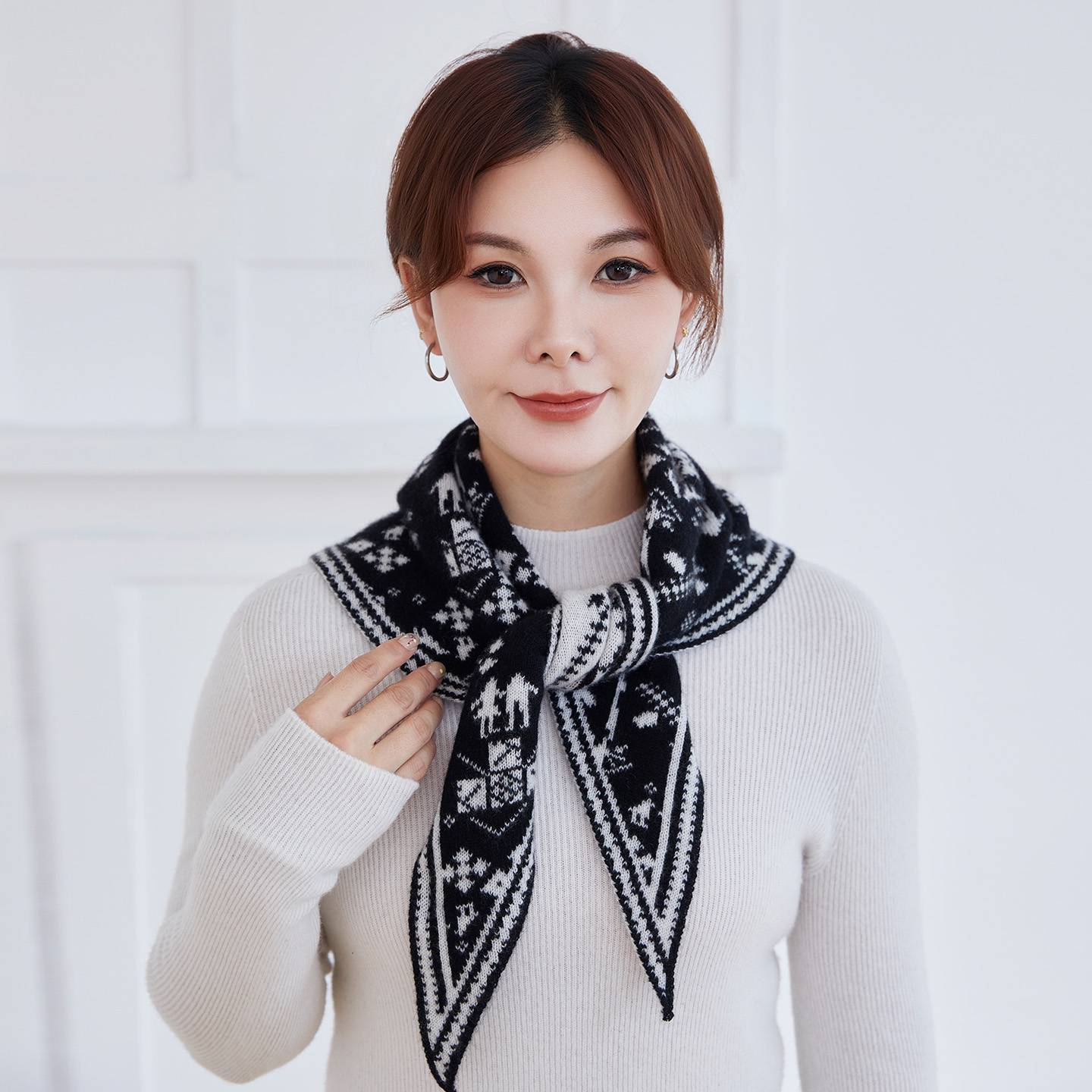 100%纯山羊绒三角巾女冬季保暖加厚针织围脖披肩两用长款拼色围巾