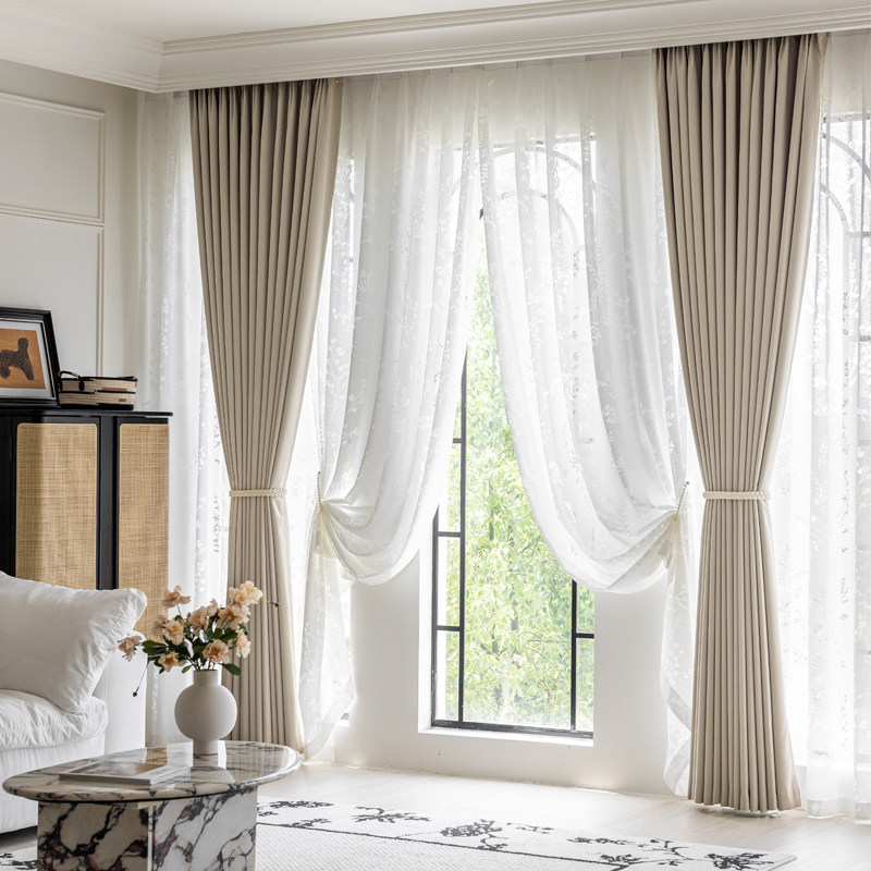 奶茶色卧室遮光窗帘定制客厅纱帘法式轻奢窗纱透光不透人全屋定制