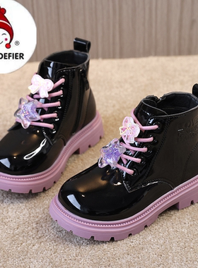 ABC DEFIER女童马丁靴新款秋冬加绒女孩靴子春秋高帮软底儿童皮靴