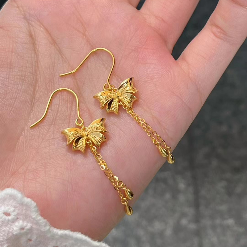 5G黄金蝴蝶结耳环女999足金弯钩流苏耳饰纯金新款耳钩送女友