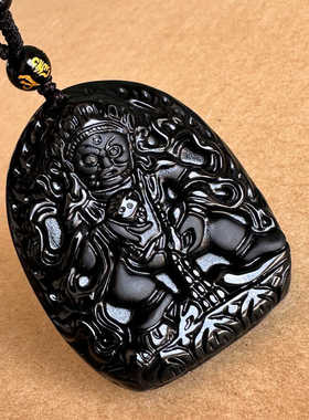 天然黑曜石黄财神黑财神吊坠 六臂金刚不动佛大黑天男女守护挂件