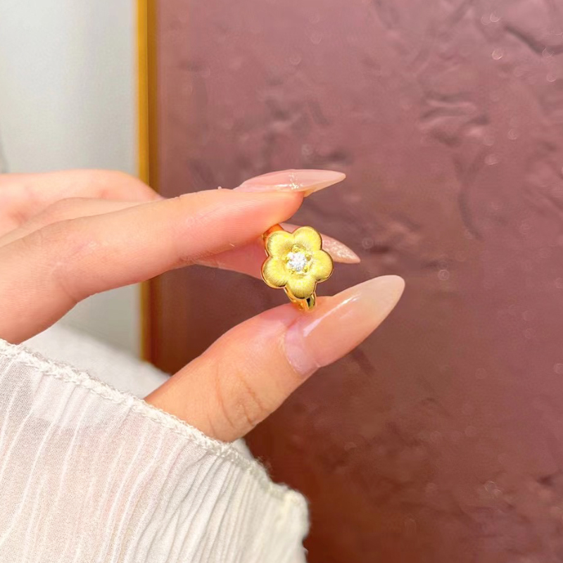 5D黄金花朵戒指女999足金拉丝镶嵌点钻指环纯金意大利小金花送礼