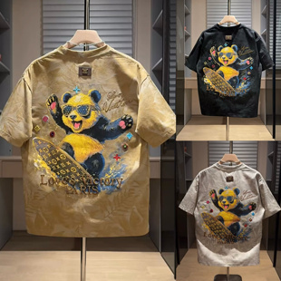 新款 潮牌打底衫 T恤時尚 重工刺繡印花 彩繪熊貓短袖 半截袖 夏季 男士