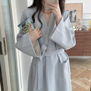 2025年浴袍女秋冬季 加厚空气夹棉日系简约条纹睡袍睡衣家居服 新款