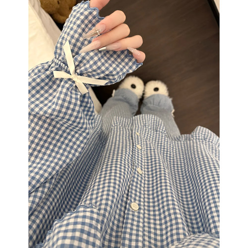 娃娃领法式风格纹长袖云朵棉甜美睡衣女开衫家居服套装可外穿少女