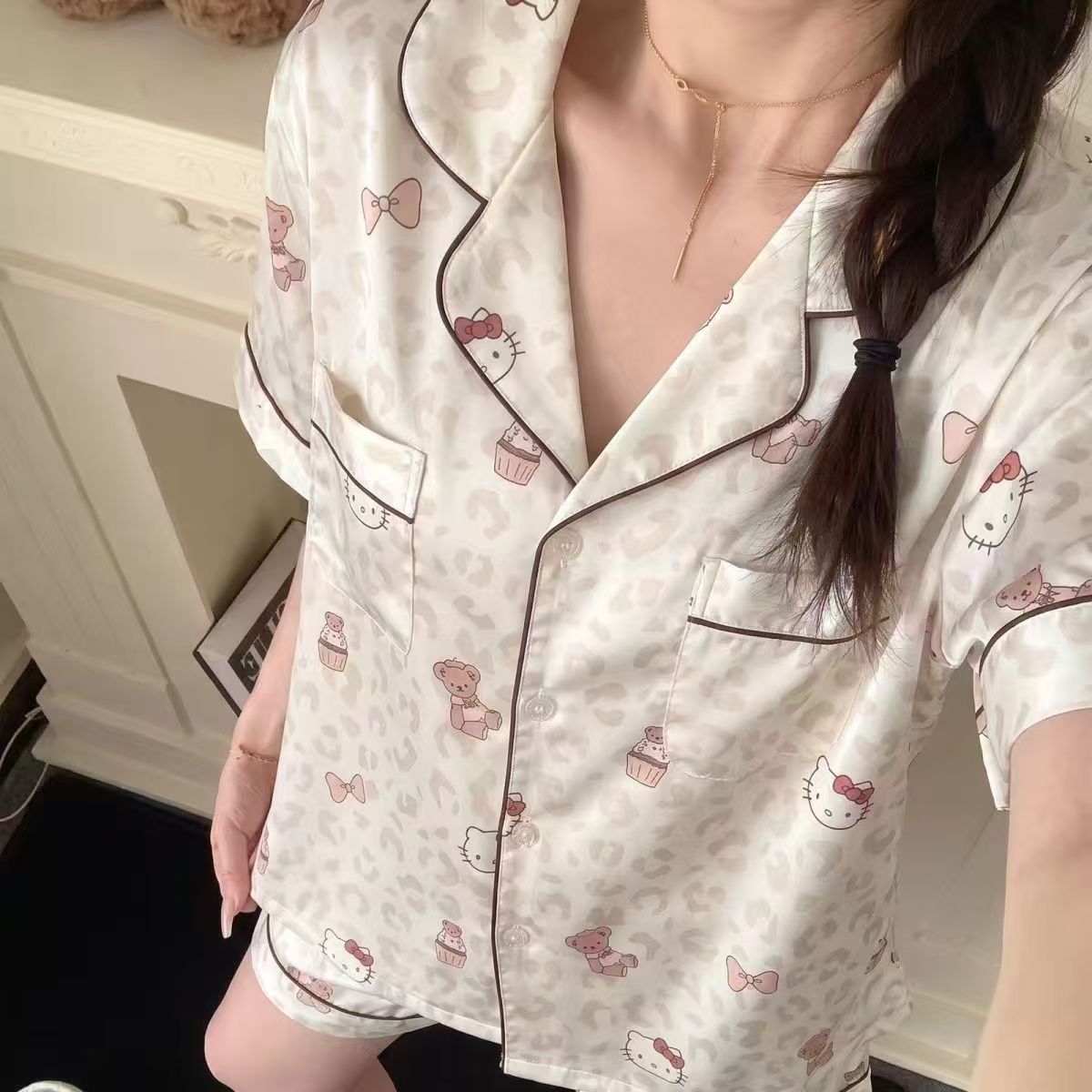 冰丝睡衣女夏季新款带胸垫甜美短袖三件套冰凉感家居服套装可外穿图片