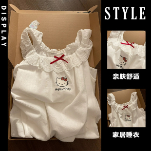 睡裙夏季新款带胸垫梭织纯棉夏天简约凯蒂猫吊带睡衣可外穿家居服